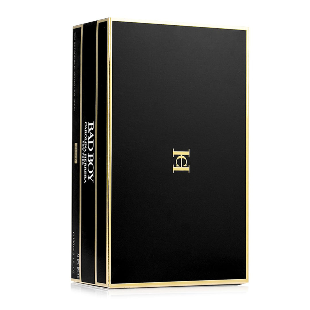 Carolina Herrera Bad Boy Elixir brown lightning bolt bottle with warm leather fragrance