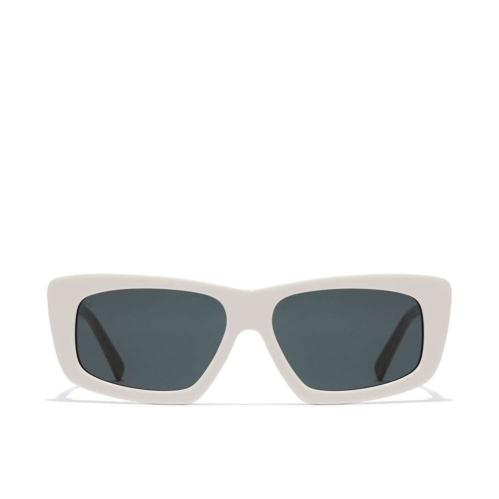 Hawkers White cat-eye sunglasses with thick solid frame, dark rectangular lenses, slim temples, artisan-crafted finish