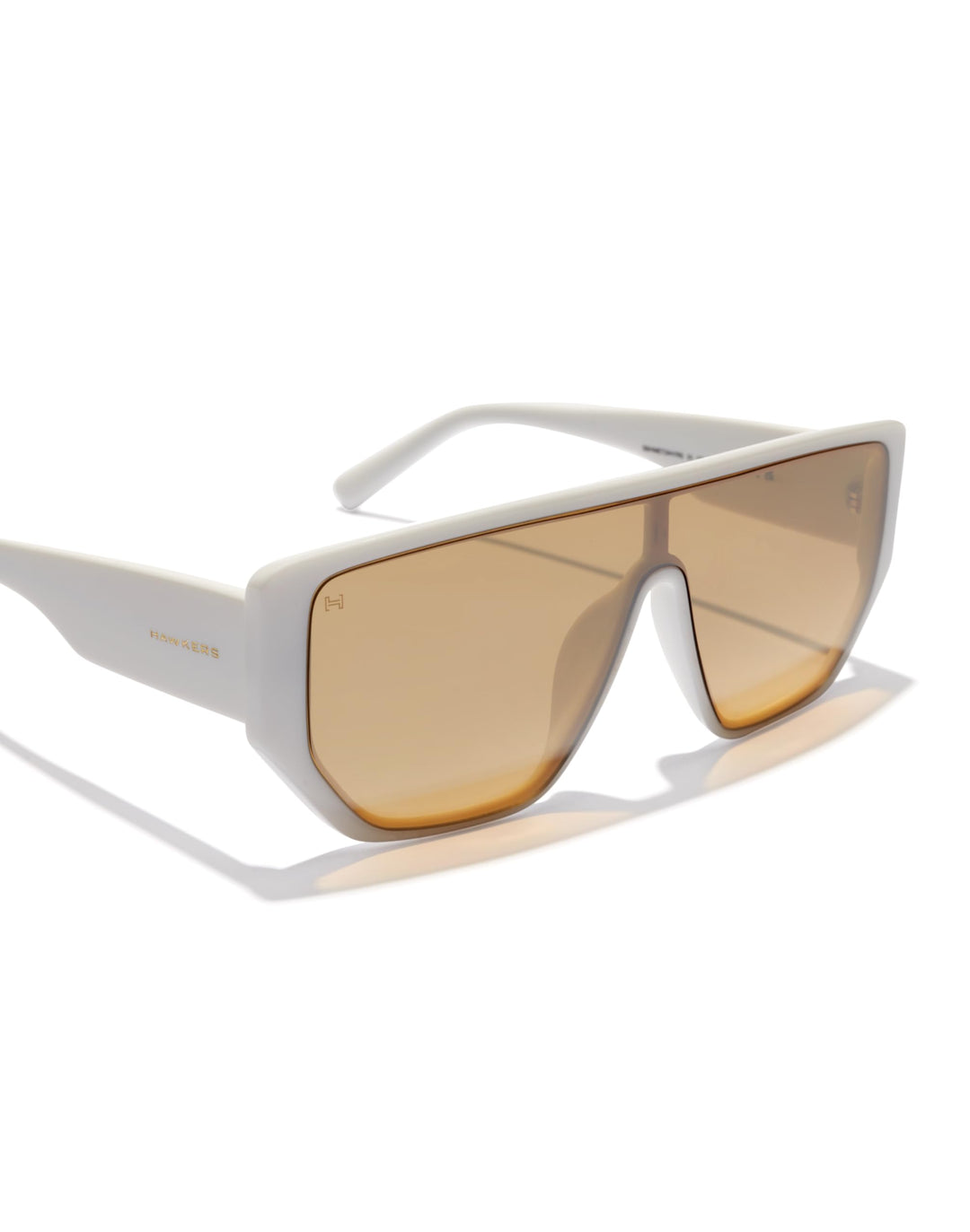 Hawkers futuristic rectangular sunglasses with white frame, single continuous brown lens, angular flat-top cutout bridge