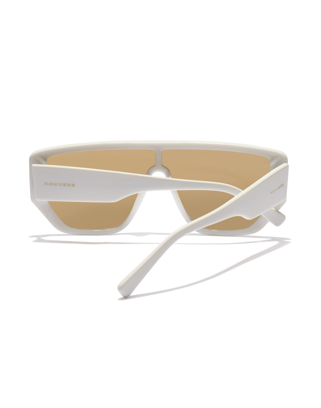 Hawkers futuristic rectangular sunglasses with white frame, single continuous brown lens, angular flat-top cutout bridge