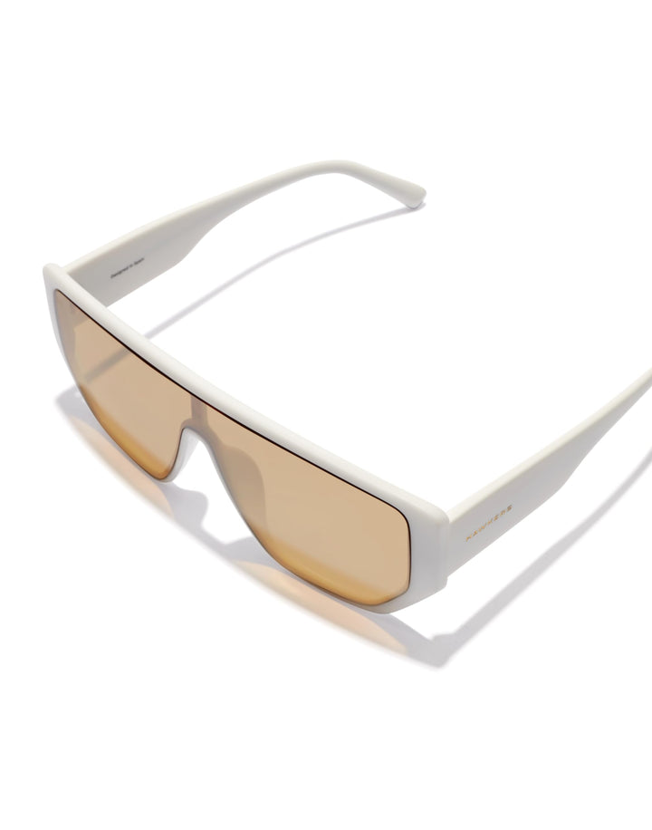 Hawkers futuristic rectangular sunglasses with white frame, single continuous brown lens, angular flat-top cutout bridge
