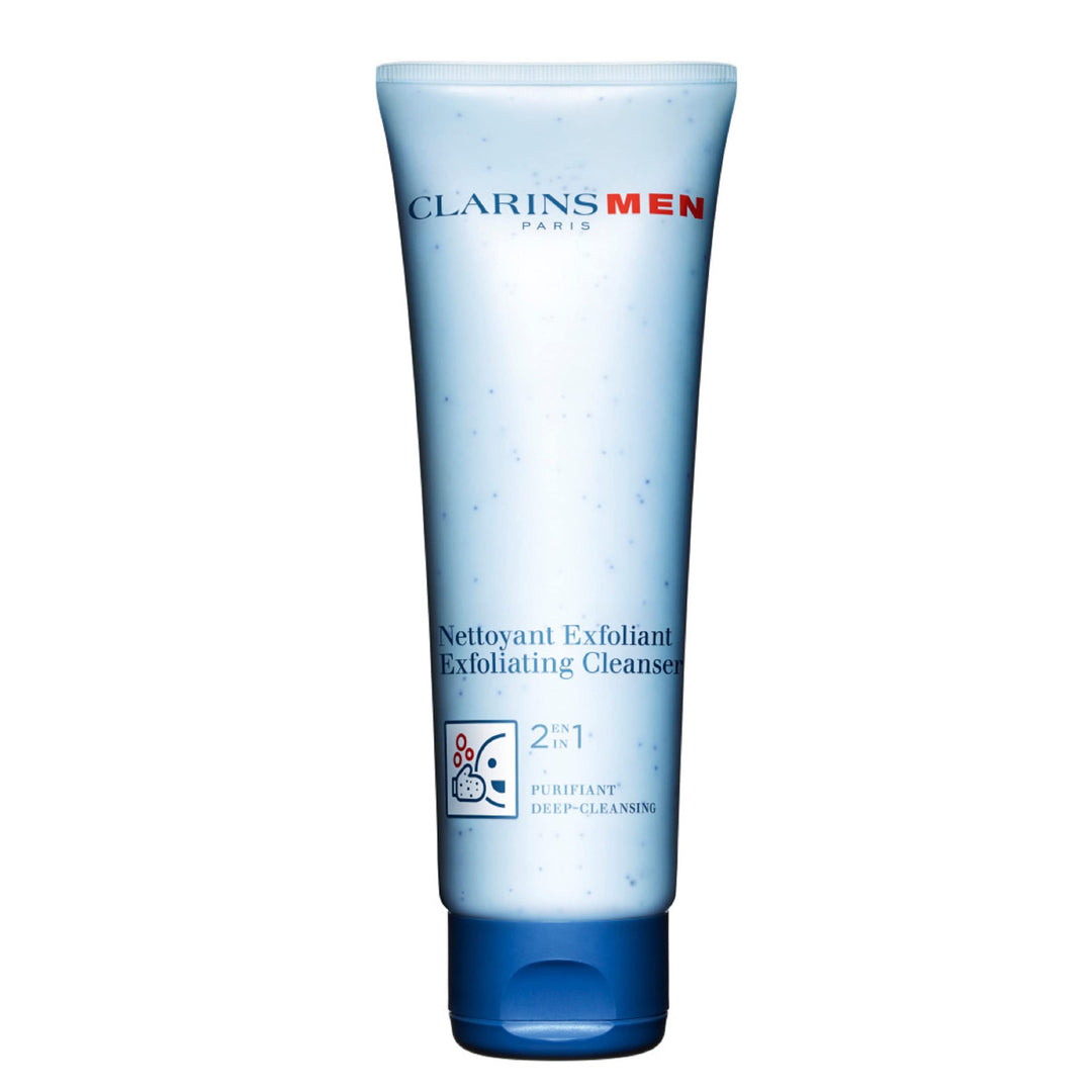 Tube of purifying cleansing scrub with water droplets and soft towel, Clarins branding visible