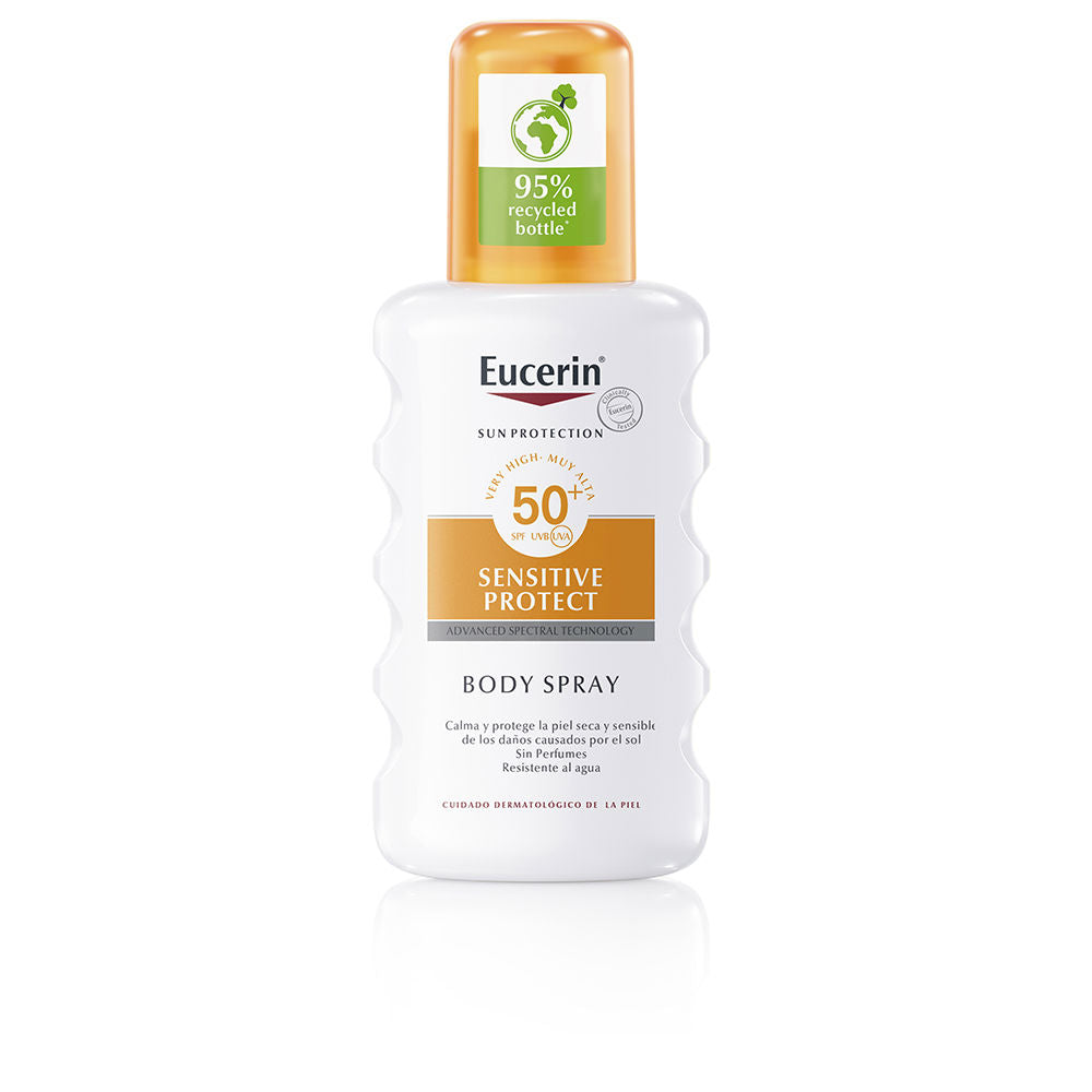 Eucerin White and orange plastic curved body spray with orange cap, SPF 50+ label, bilingual text, recycled icon