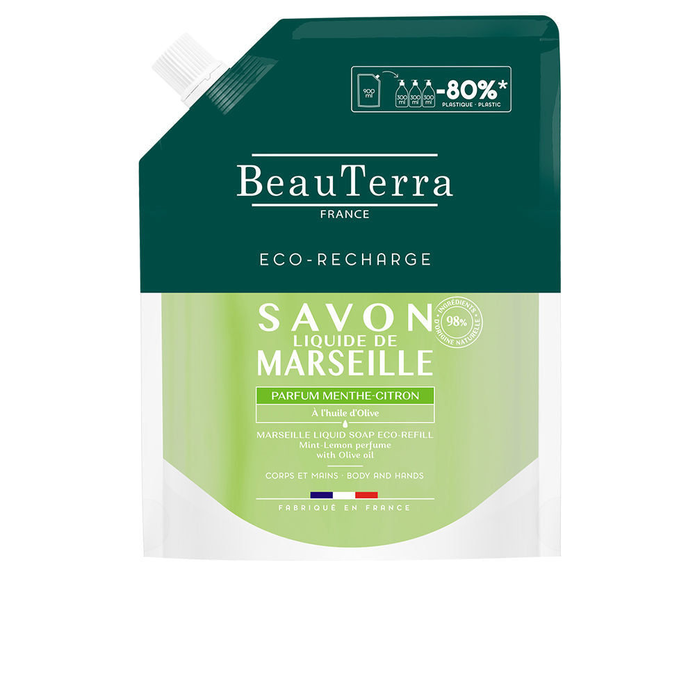 Beauterra mint and lemon liquid soap refill pouch, green-and-white plastic with spout cap and minimalist print