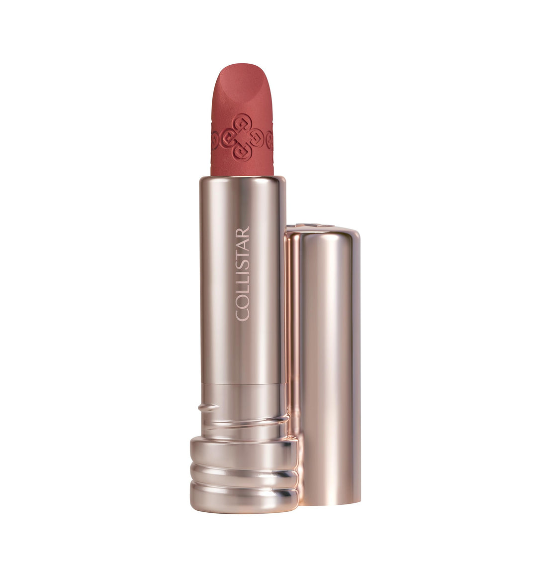 Velvet red lipstick bullet, creamy matte finish, 3.5 g packaging