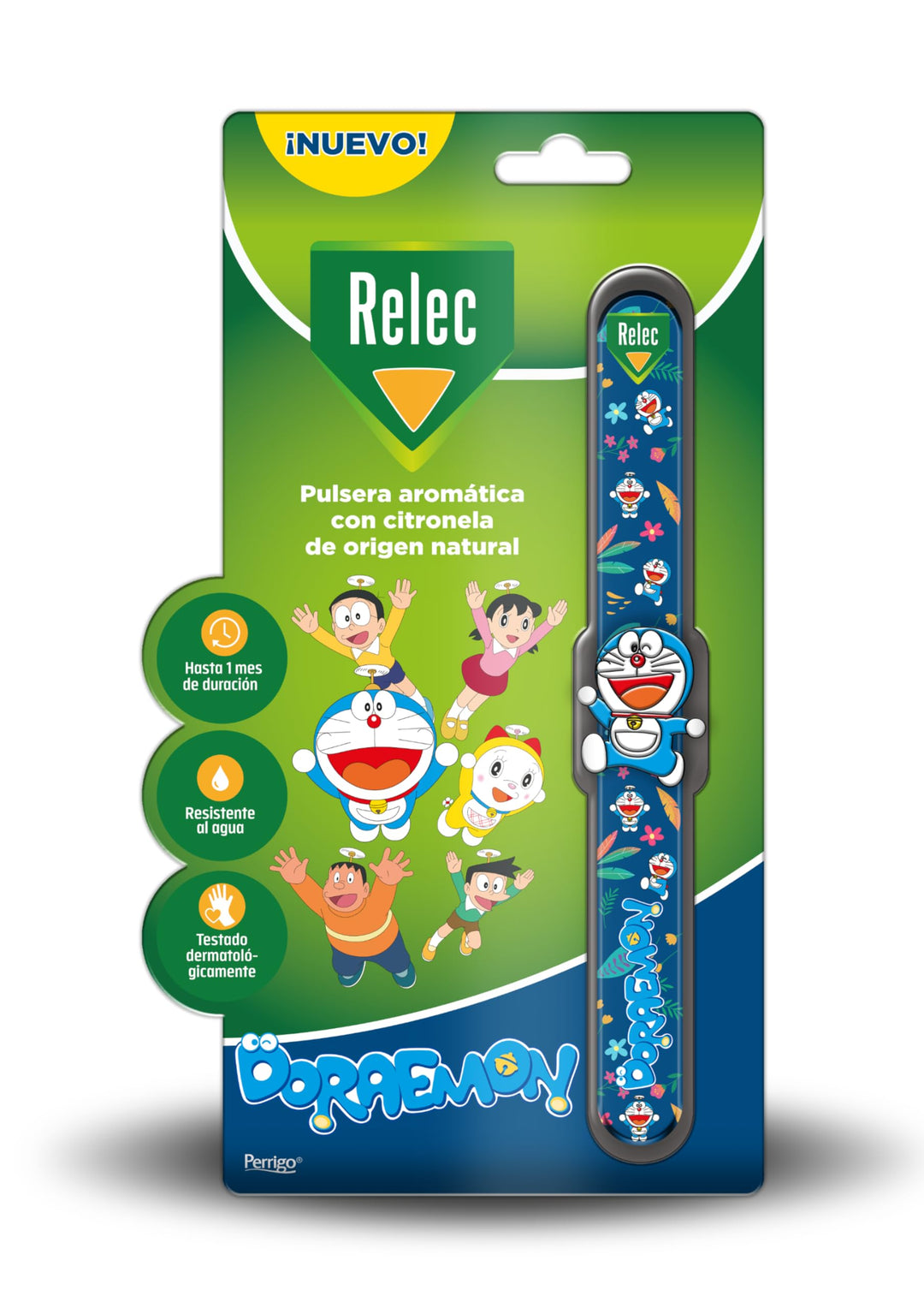 Relec Blue Doraemon-themed citronella mosquito protection bracelet, water-resistant silicone band with character charm.