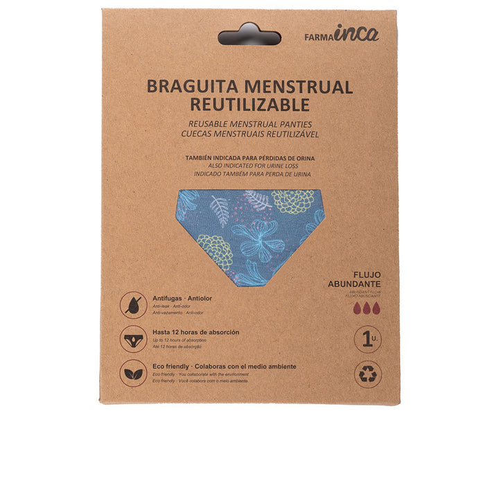 Inca blue menstrual panties with yellow and pink floral pattern, folded, youth cut, visible seam details.