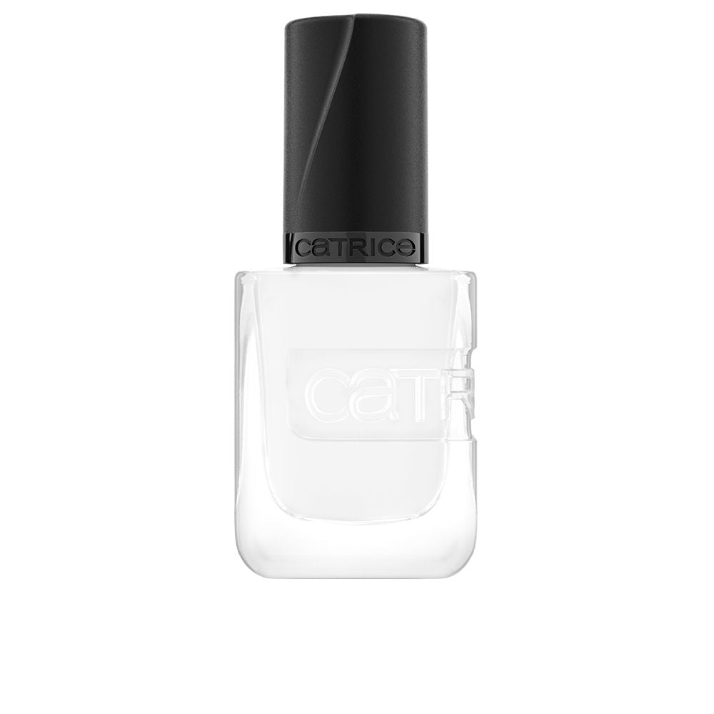 Catrice Rectangular glass nail polish bottle with black textured cap, clear glossy formula, embossed branding.