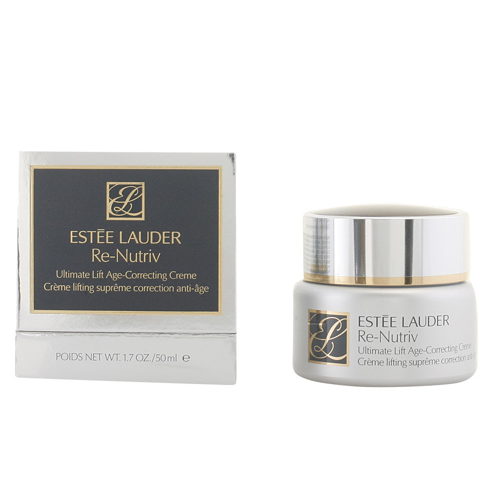 Square box and round plastic jar with metallic silver lid, gold trim and black label, Estée Lauder