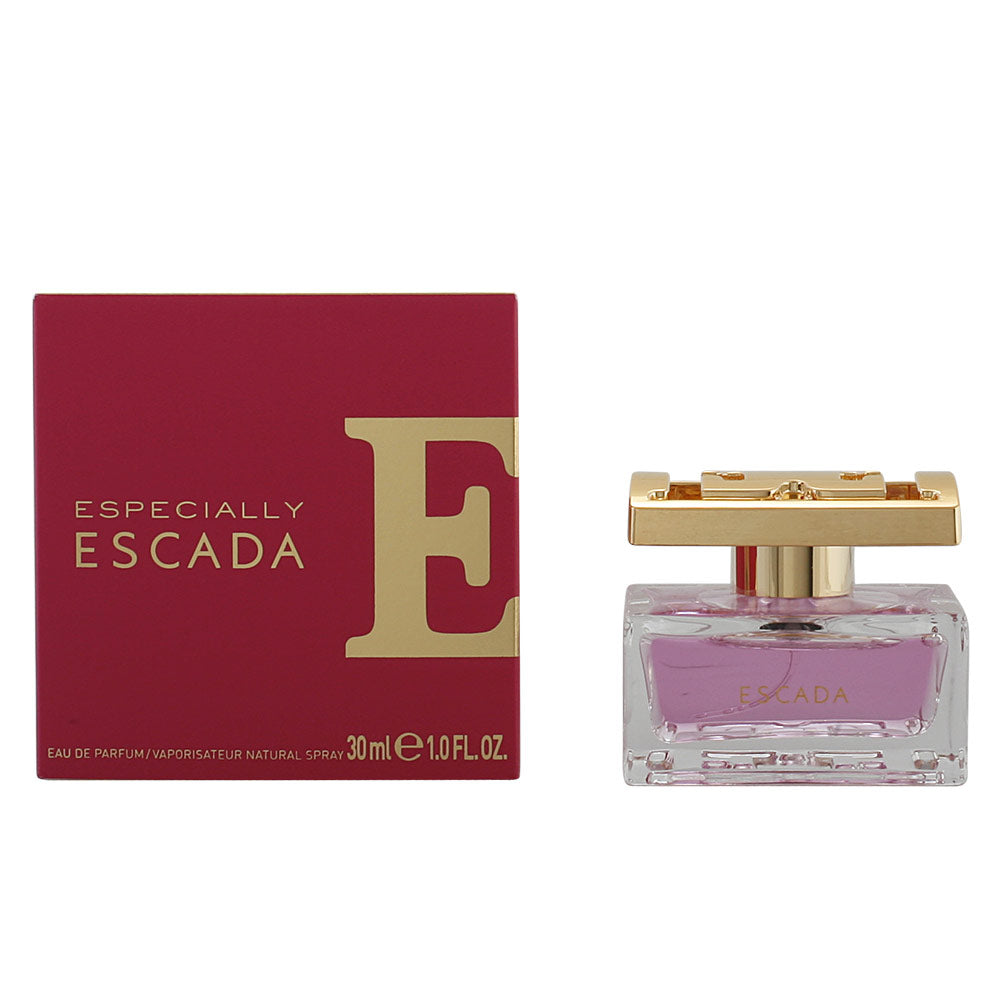 30 ml pink liquid in straight glass bottle with gold cap, floral eau de parfum