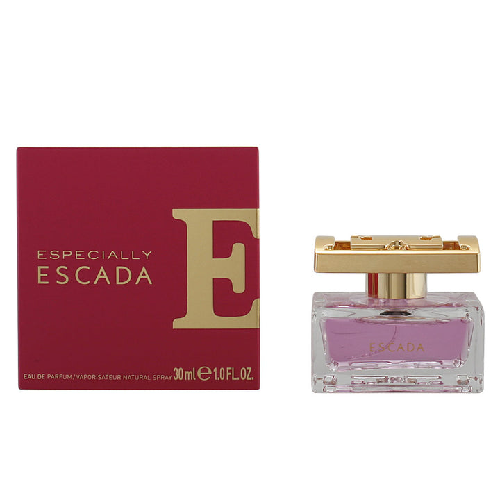 30 ml pink liquid in straight glass bottle with gold cap, floral eau de parfum