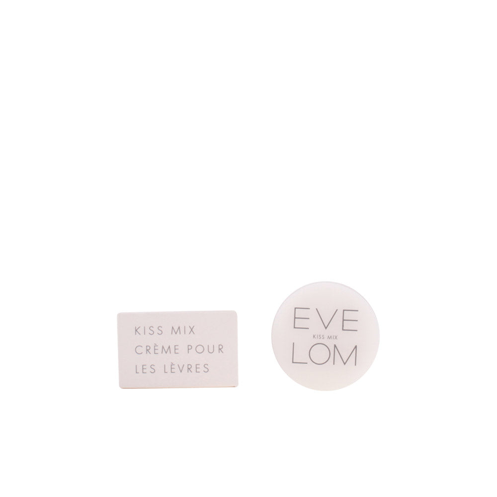 Eve Lom White minimalist round lip balm container and rectangular box, compact size, printed text on lid