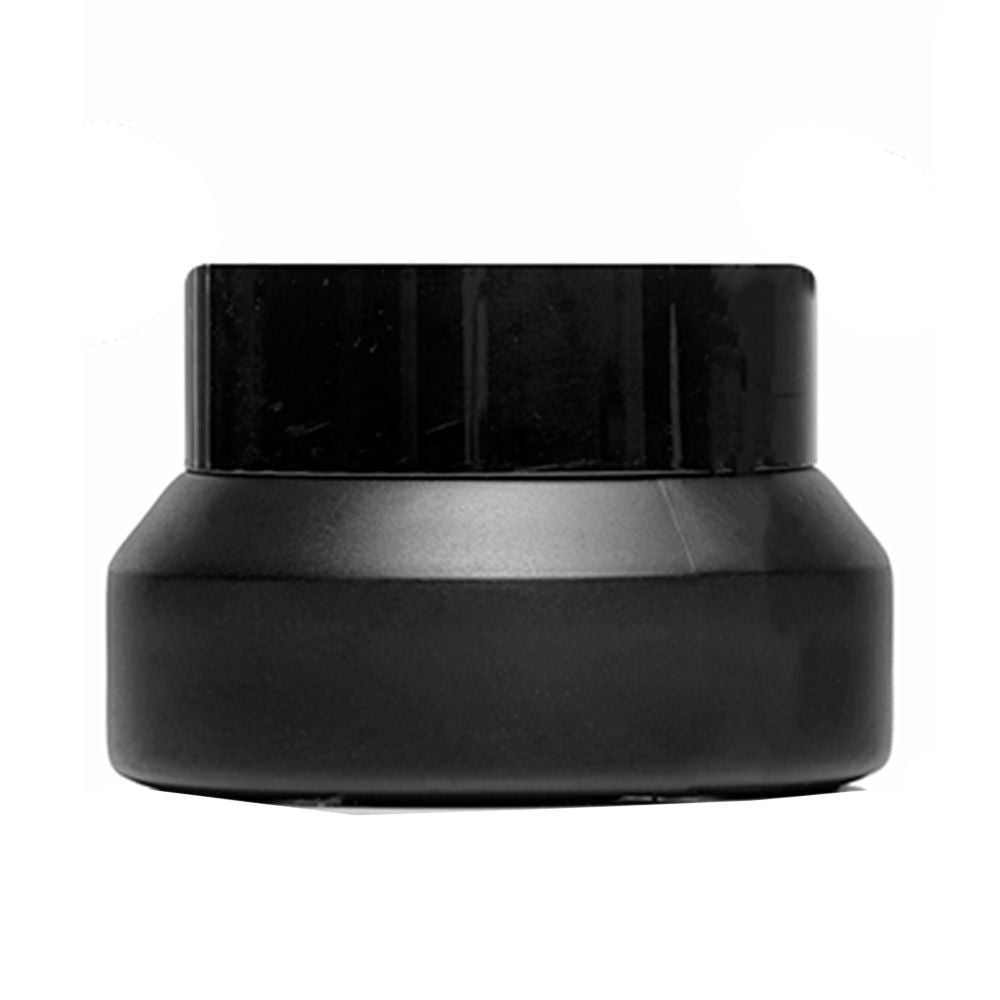 Black minimalist round plastic jar with screw-on lid showing smooth balm surface, crafted by Moi