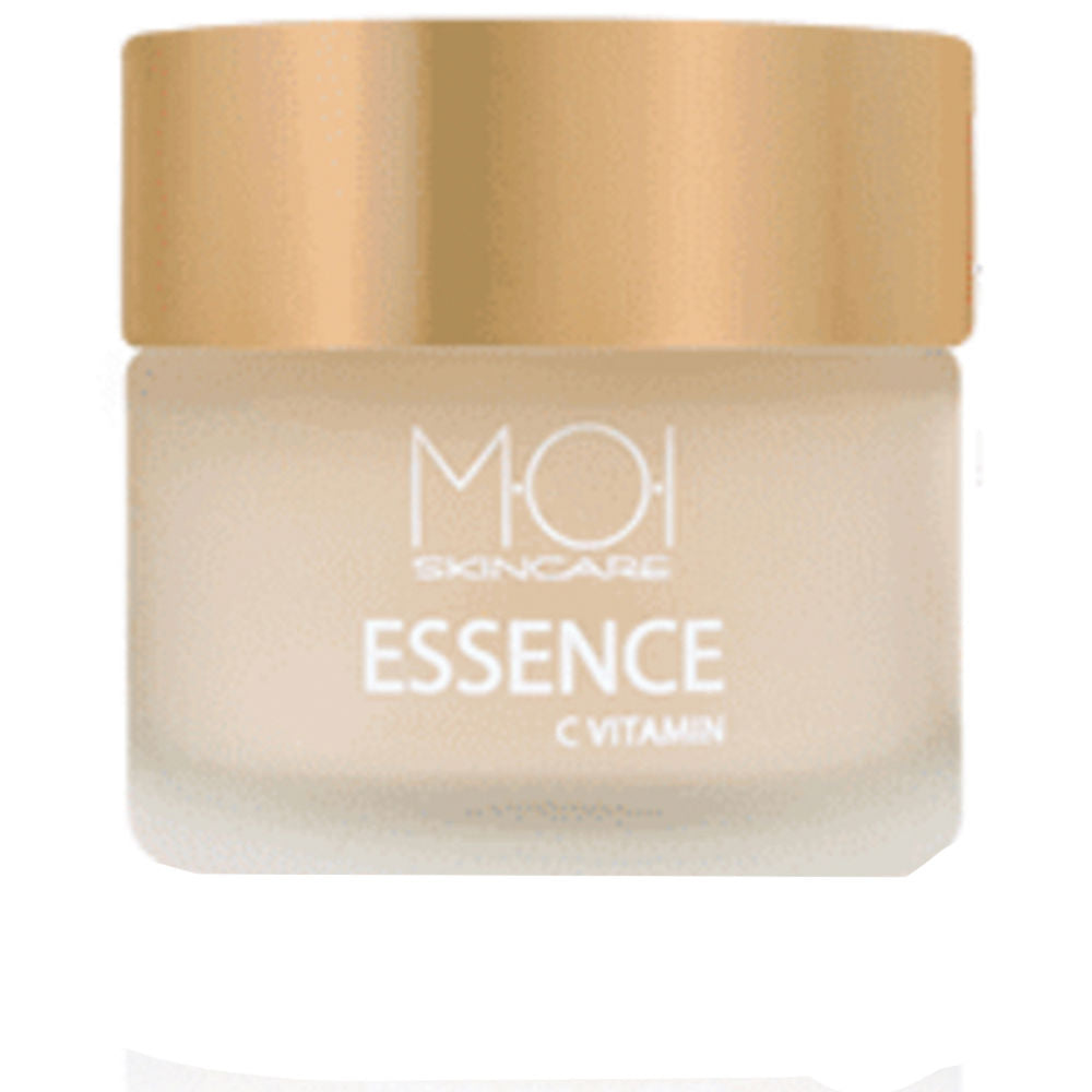 Moi Minimalist frosted glass cream jar with gold screw cap, white printed text, beige and gold palette
