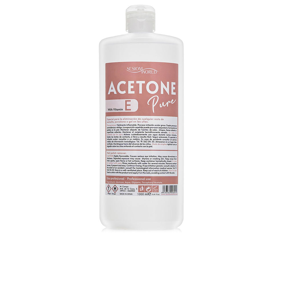 Sesiom World Rectangular white plastic bottle with pink front label, flip-top cap, measurement markings, warning symbols