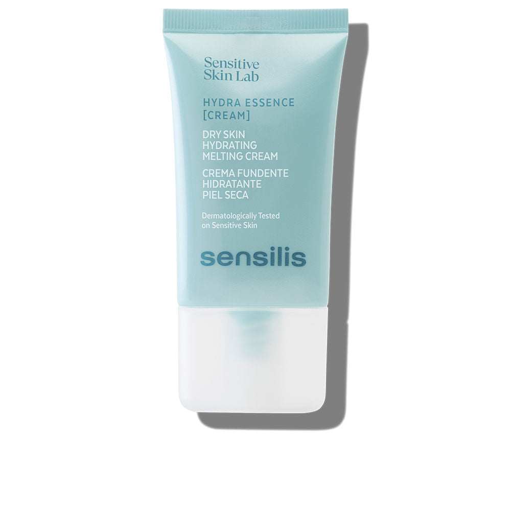 Sensilis Light blue and white minimalist plastic cream tube with screw cap, clean lines and smooth finish