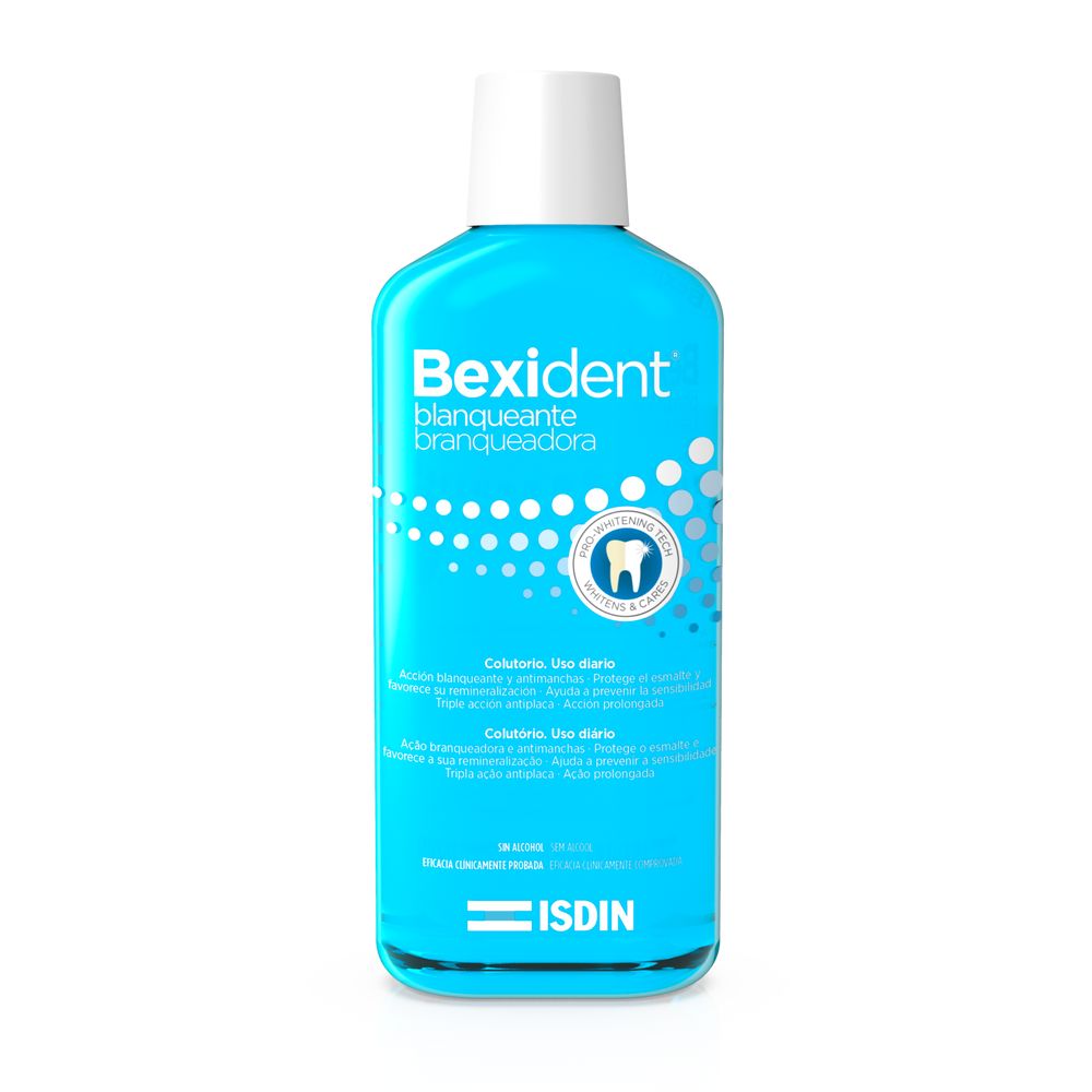 Isdin Blue plastic mouthwash bottle with white cap, circular dot pattern, tooth icon and surrounding text, .