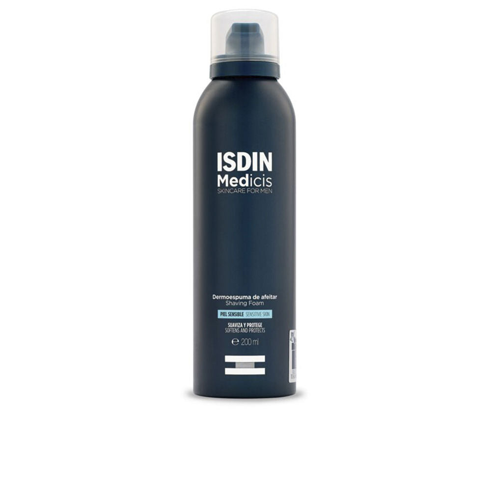 Isdin Dark blue plastic shaving foam can with spray nozzle and plastic cap, minimalist design