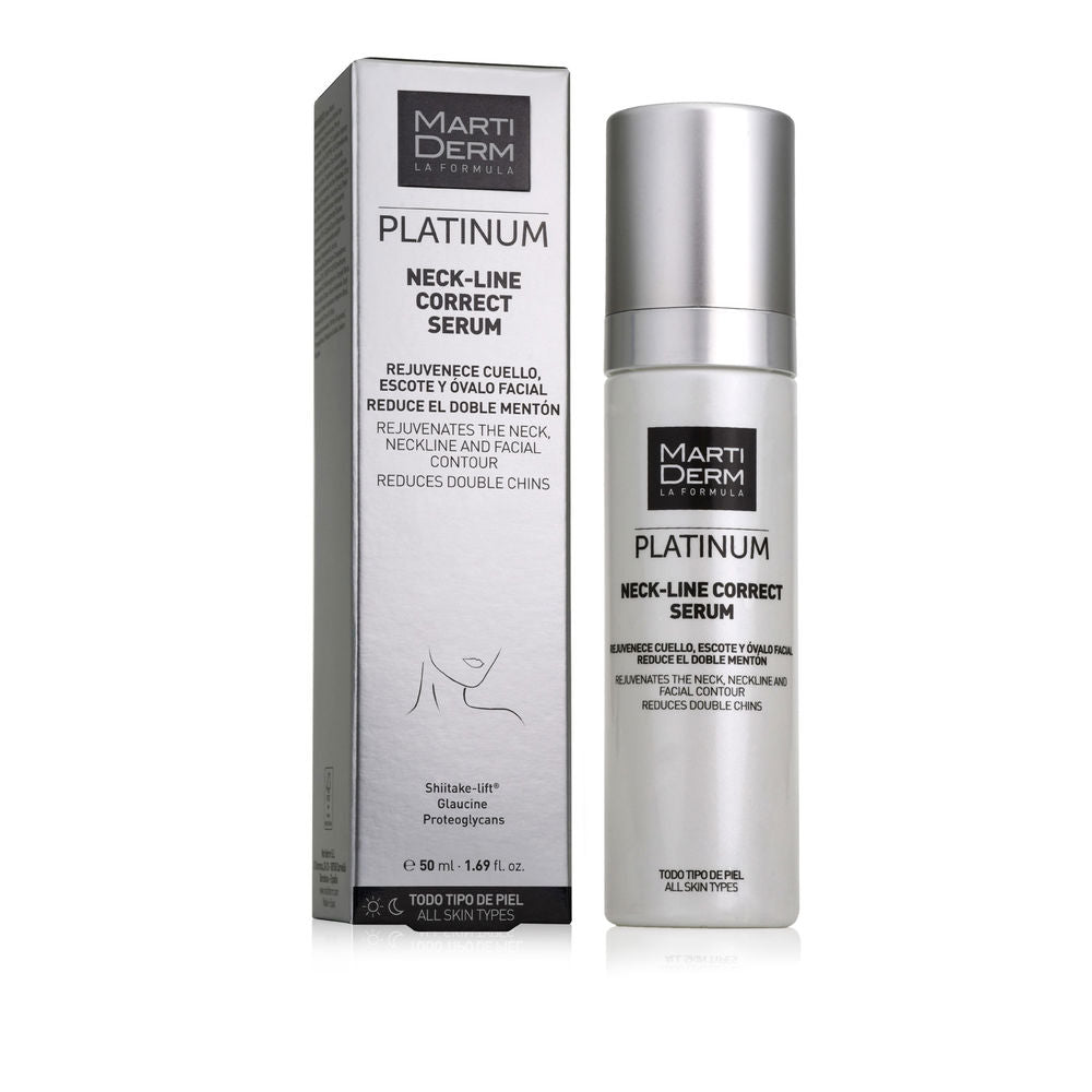 Martiderm Silver and white pump serum bottle with black text, minimalist box, plastic bottle and cardboard box.