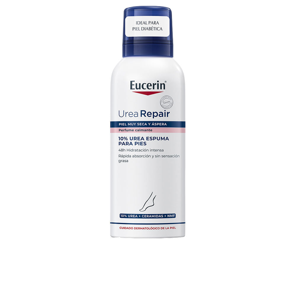 White Eucerin UreaRepair foot foam bottle, lightweight foam for dry feet