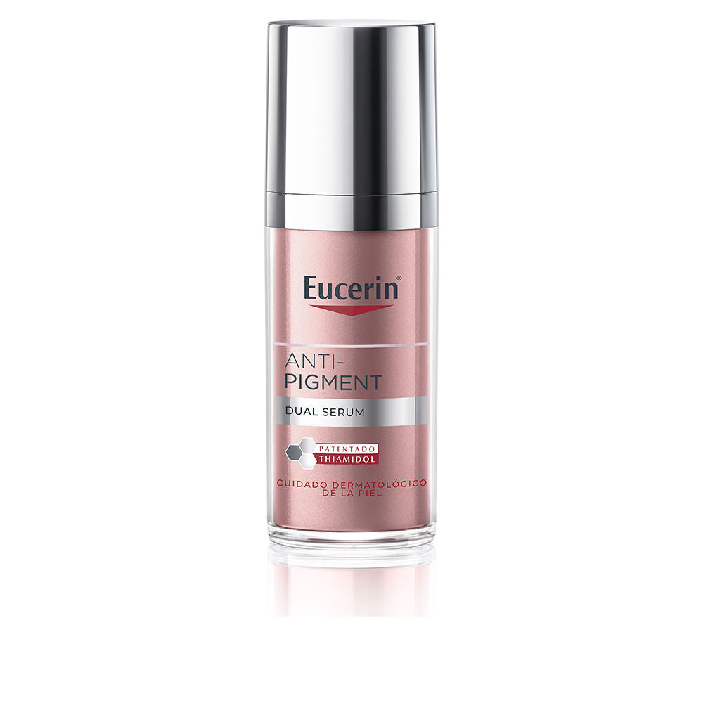 Eucerin Pink and silver plastic serum bottle with pump dispenser and reflective cap, Modern, sleek design