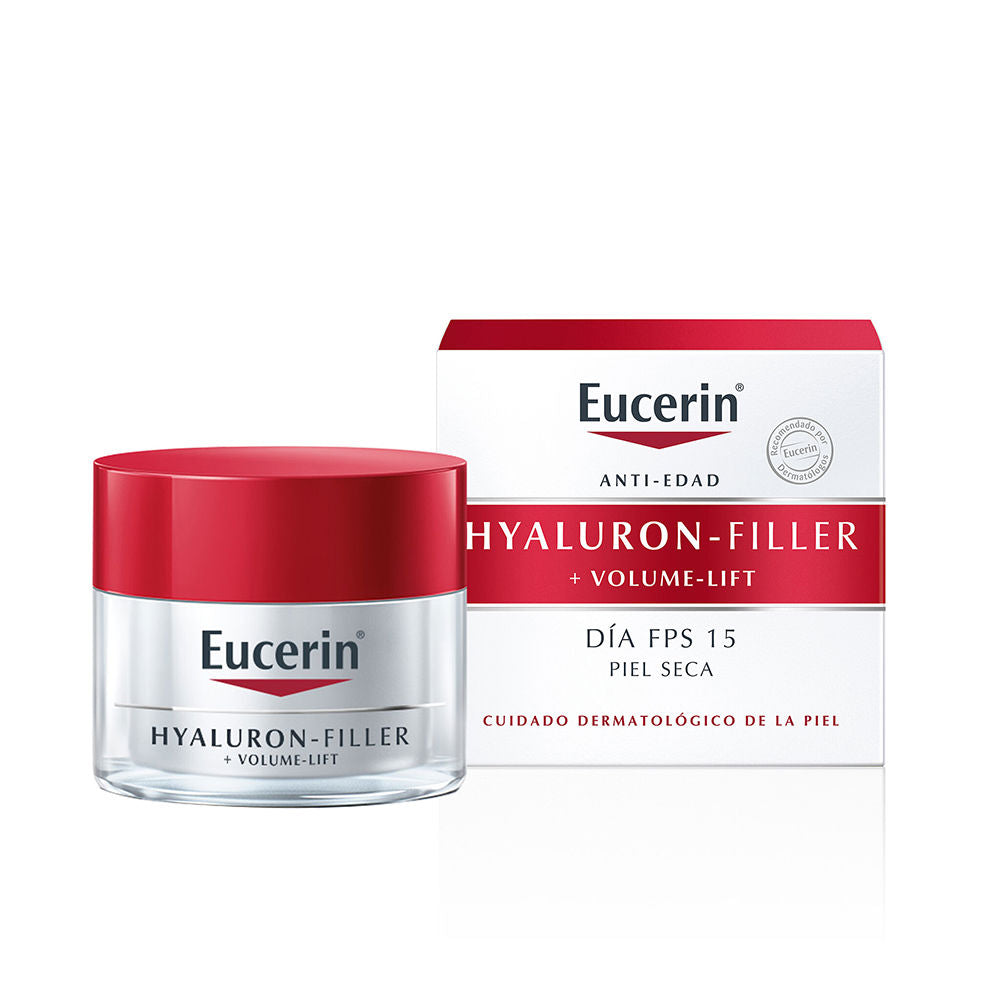 Eucerin Red, white and silver plastic jar with screw lid beside matching cardboard box, Modern clean styling