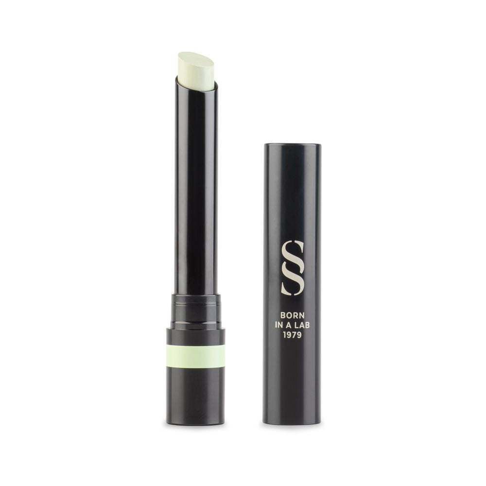 Slim black plastic twist-up lip balm with light-green band, removable cap, printed logo and minimalist silhouette for Sensilis