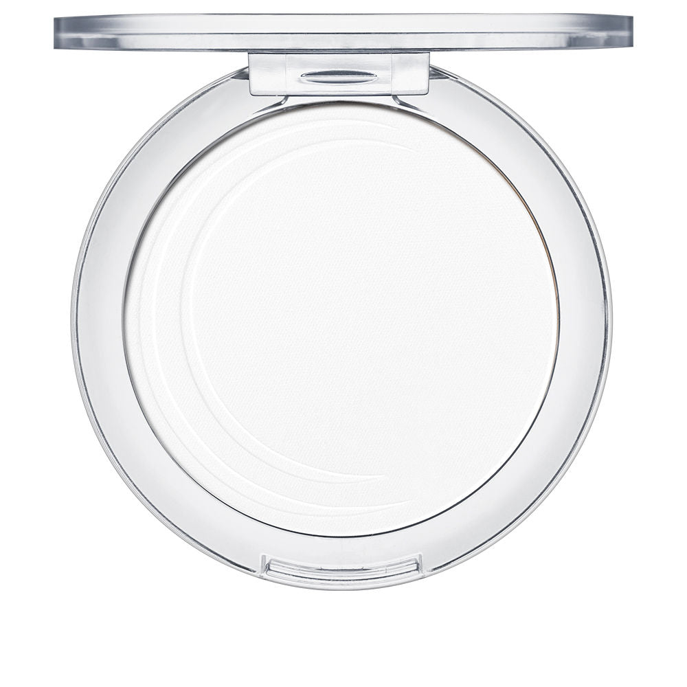 Essence Round white pressed face powder in a plastic compact with transparent hinged lid, smooth surface
