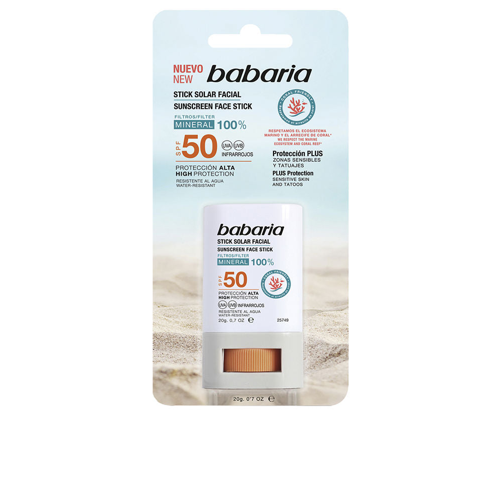 Compact Babaria solar facial sunscreen stick with SPF50, water‑resistant and travel‑ready