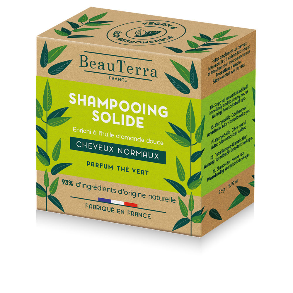Compact green tea solid shampoo bar in eco-friendly biodegradable packaging, 75 g, Unisex