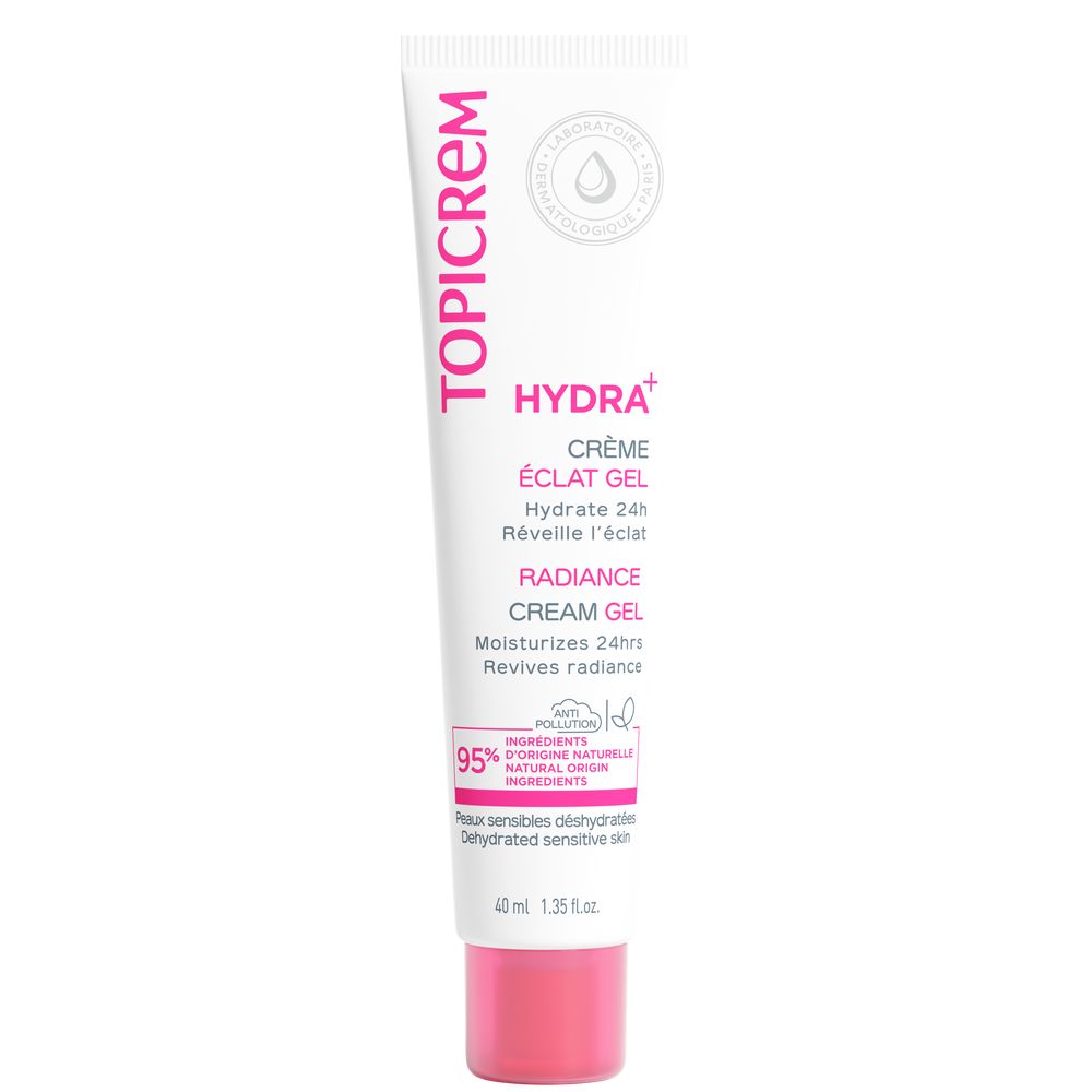 Topicrem White and pink plastic cream gel tube with screw cap, minimalist modern design, brand