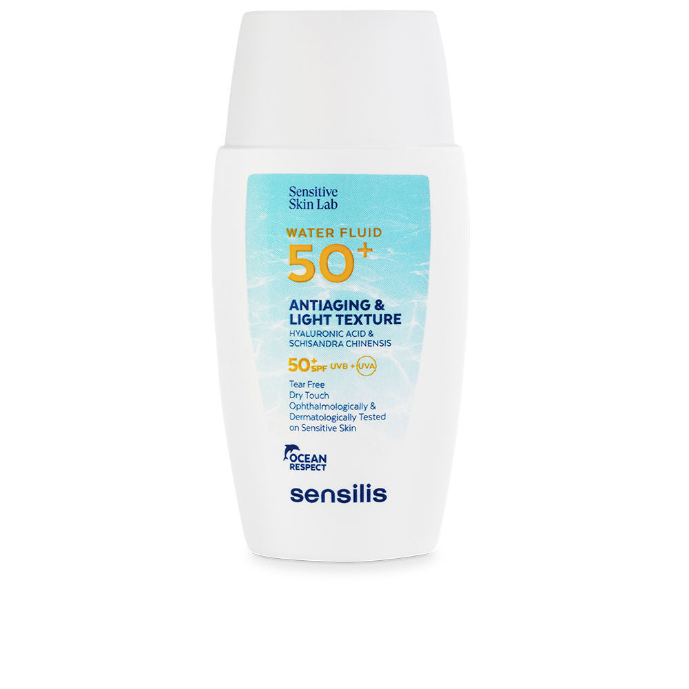 Sensilis White plastic rectangular sunscreen bottle with flip-top cap, blue-orange gradient label and SPF 50+ text