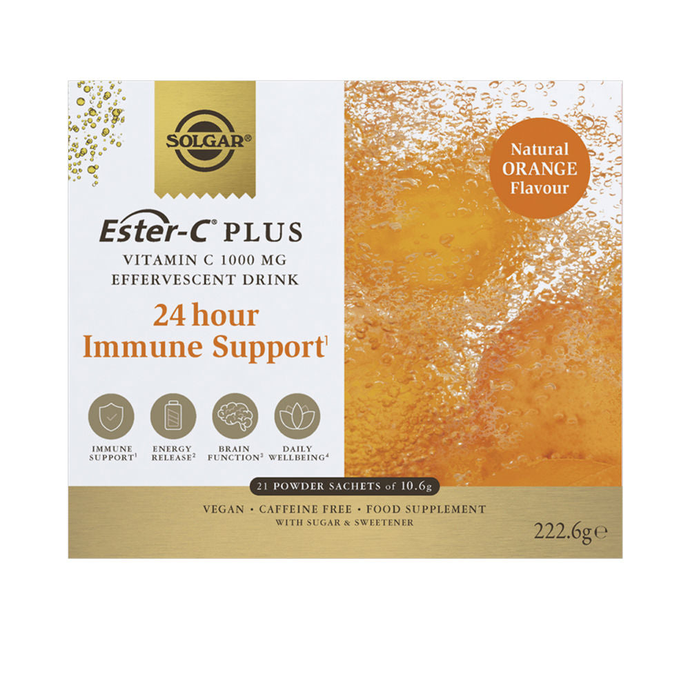 Solgar Ester‑C 1000 mg orange effervescent sachet box and dissolving glass