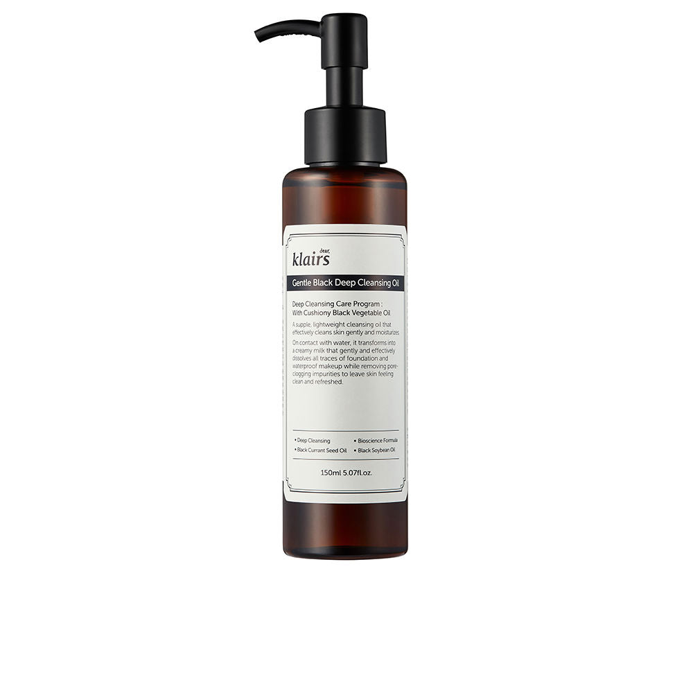 Klairs minimalist matte plastic cylindrical cleansing oil bottle with pump, rectangular label, black white brown tones.