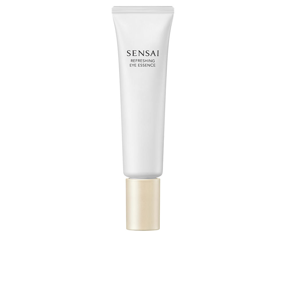 Sensai pearl-infused eye cream in a white plastic tube with beige screw cap, minimalist printed text.