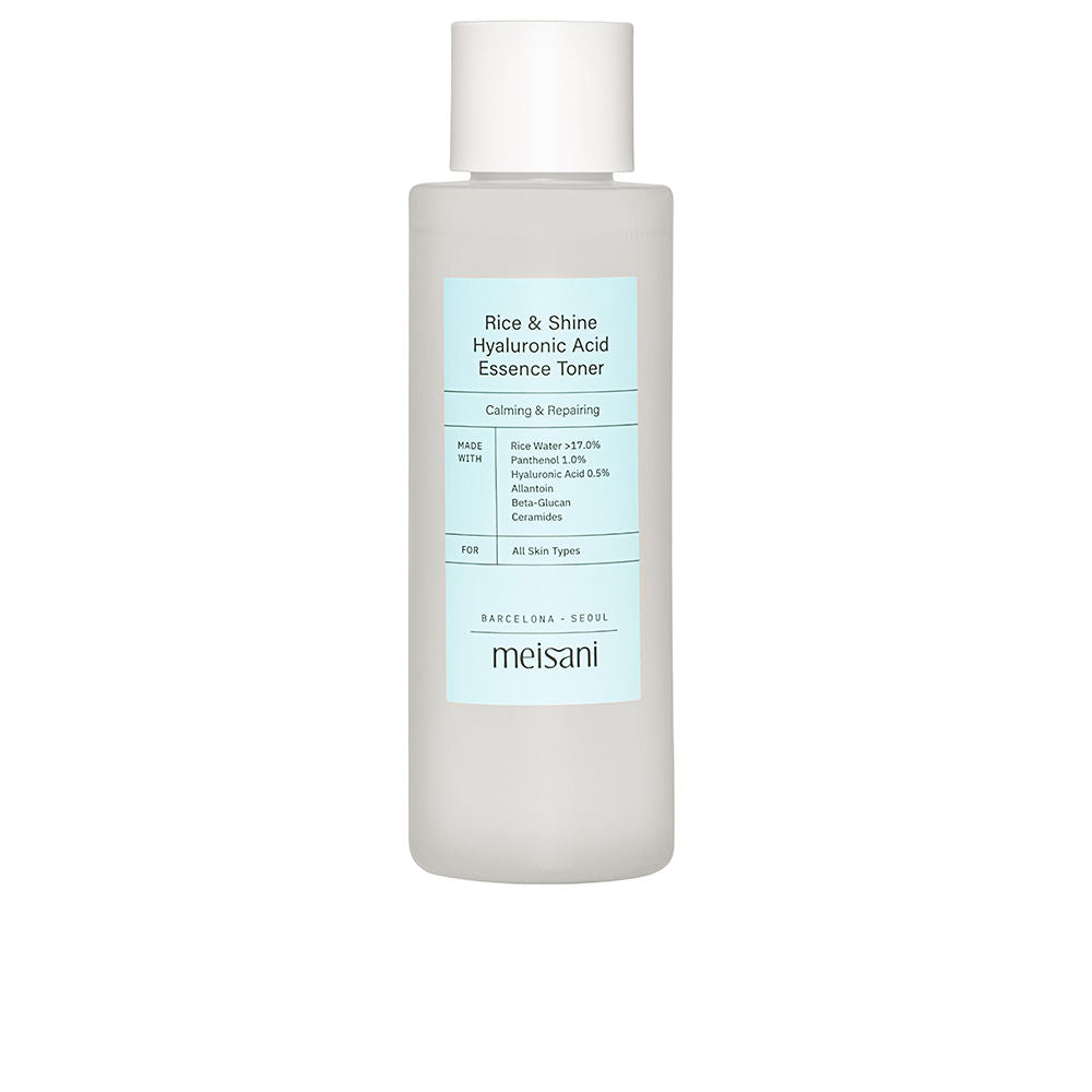 Meisani Minimalist cylindrical plastic essence toner bottle with matte white body, white screw cap, light blue label.