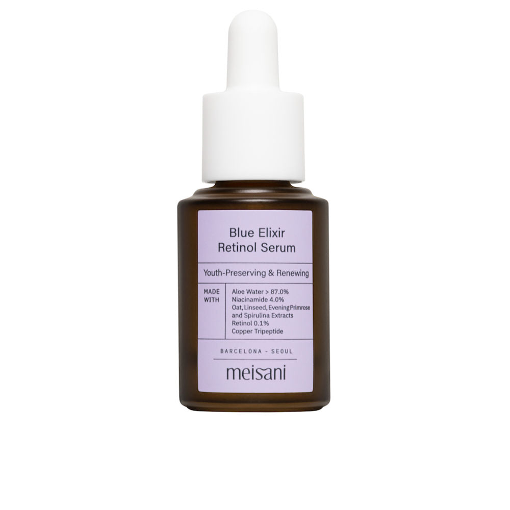 Meisani glass bottle with white dropper, light purple rectangular label, minimalist apothecary-style serum.