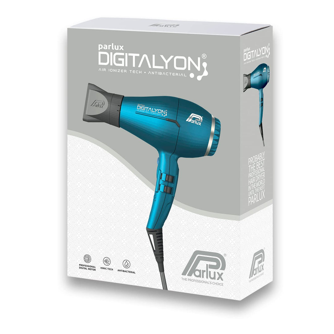 Blue DigitalyOn ionic hair dryer with concentrator nozzle, lightweight ergonomic shape