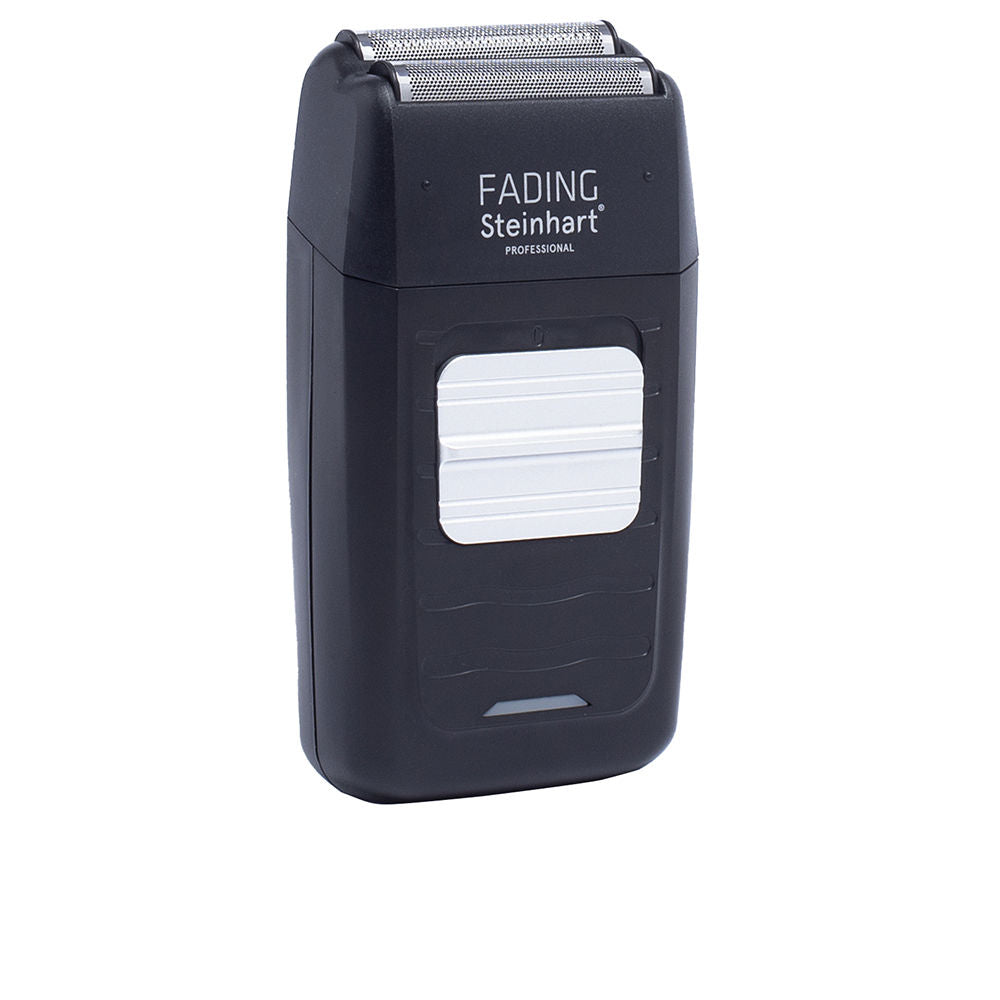Black and silver cordless electric shaver with dual foil heads, textured grip, and Steinhart front logo