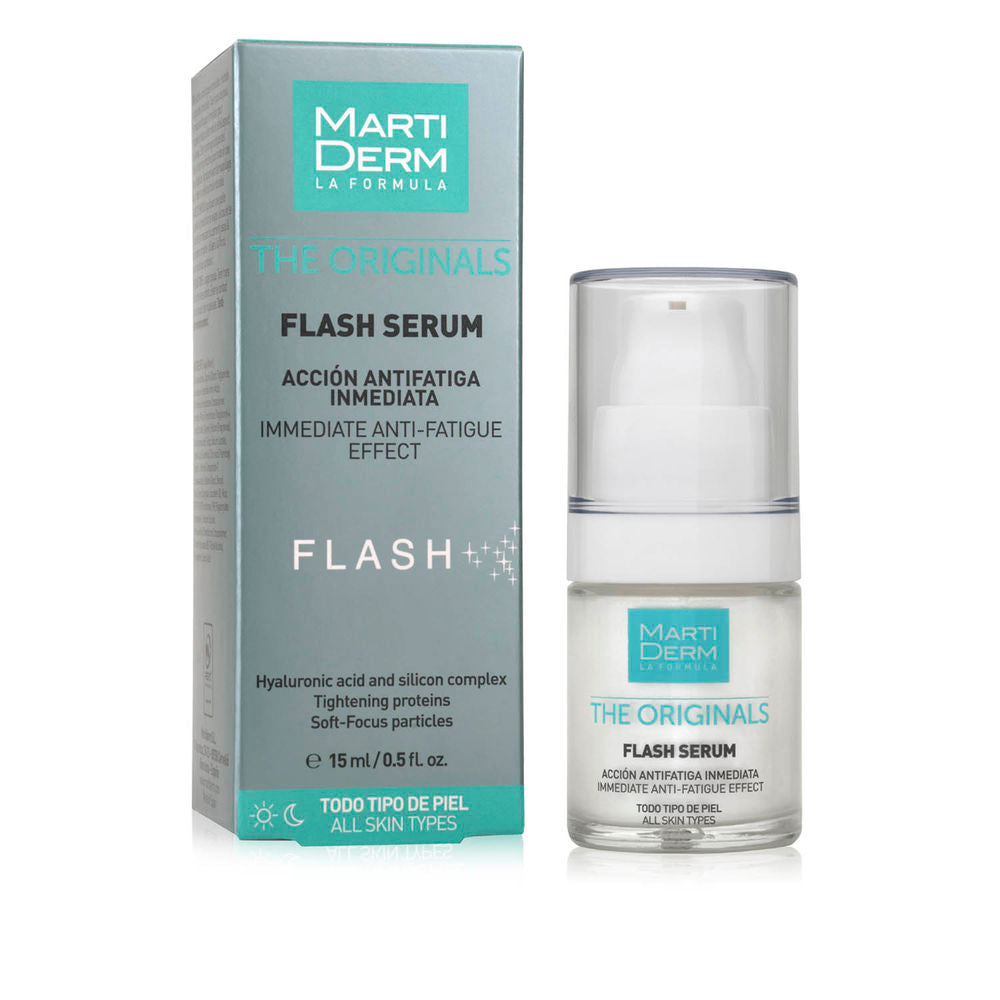 Martiderm Gray, white, turquoise plastic serum bottle with pump beside matching cardboard box, modern clean design