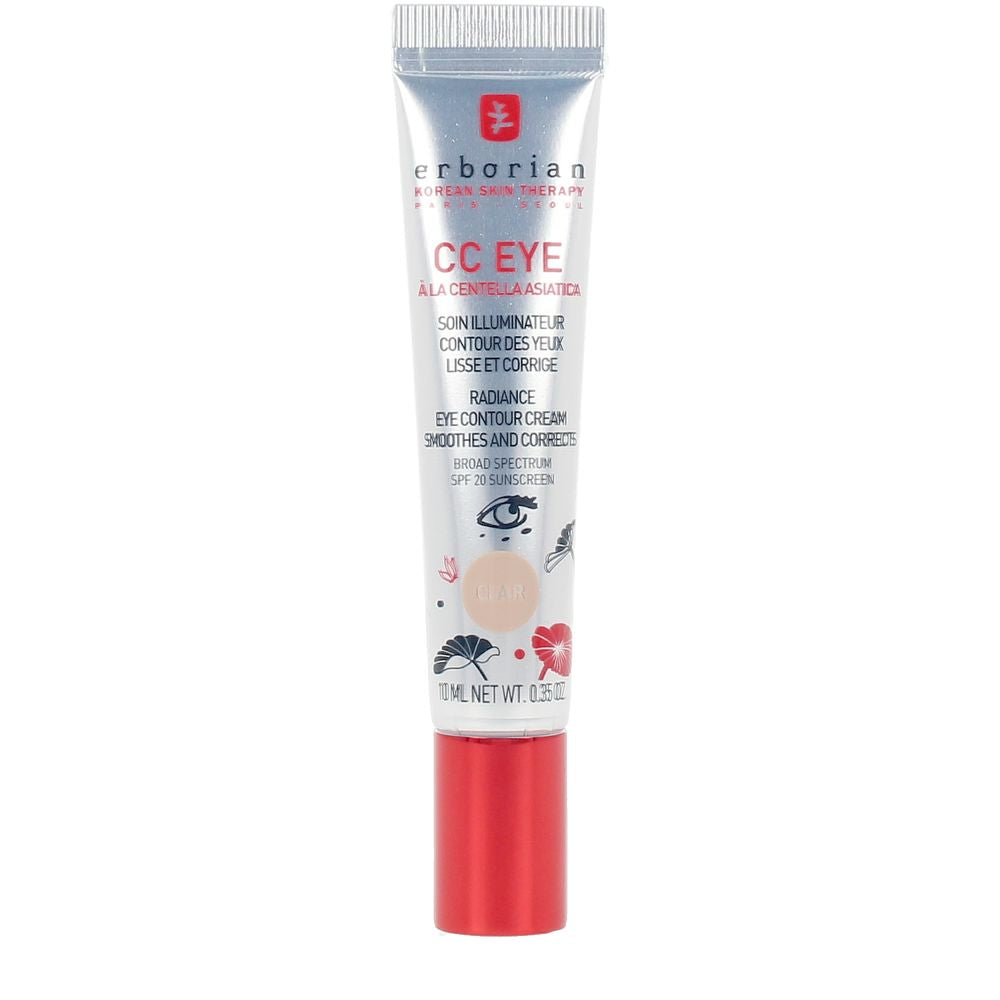 Erborian Small silver plastic tube with red screw cap, printed floral and eye illustrations, refined product detail
