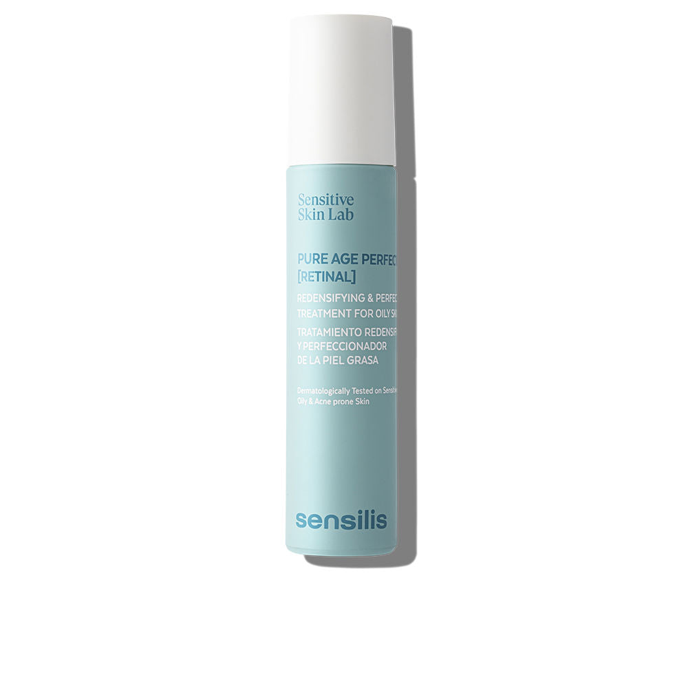 Light blue and white cylindrical skincare treatment bottle with pump dispenser, Sensilis minimalist presentation