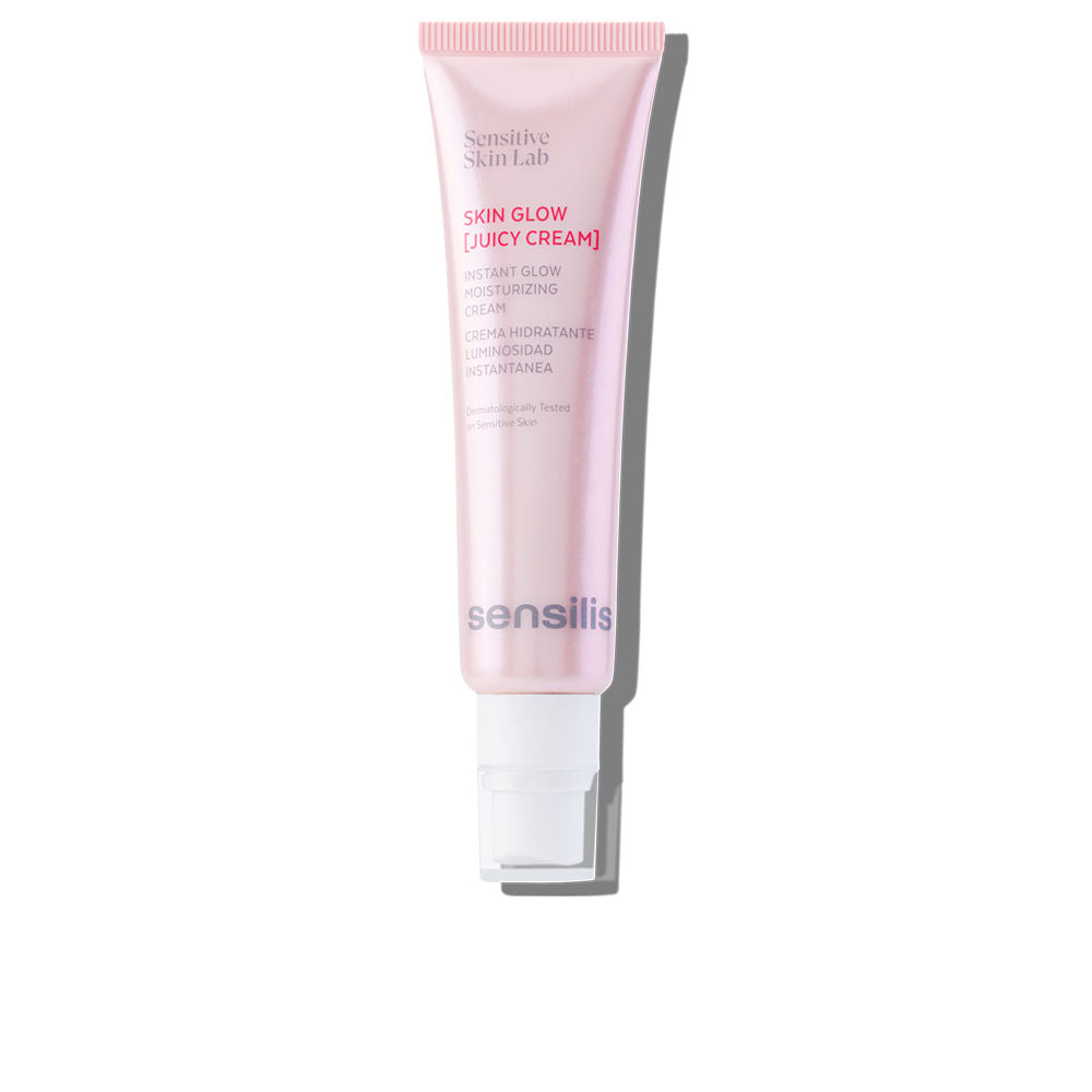 Sensilis Soft pink tube with pump dispenser, matte plastic, minimalist text printed on tube, moisturizing cream