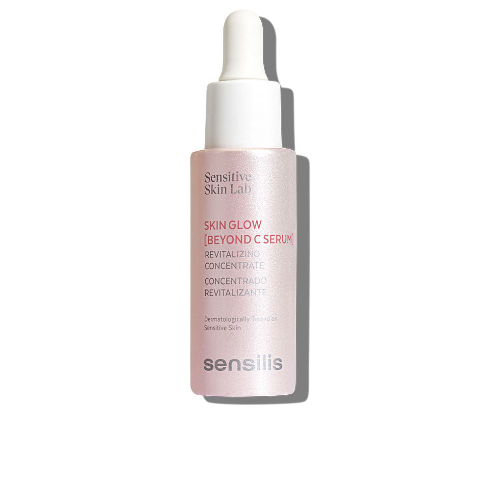 Bottle of Sensilis Skin Glow Beyond C Serum on white background, glowing finish
