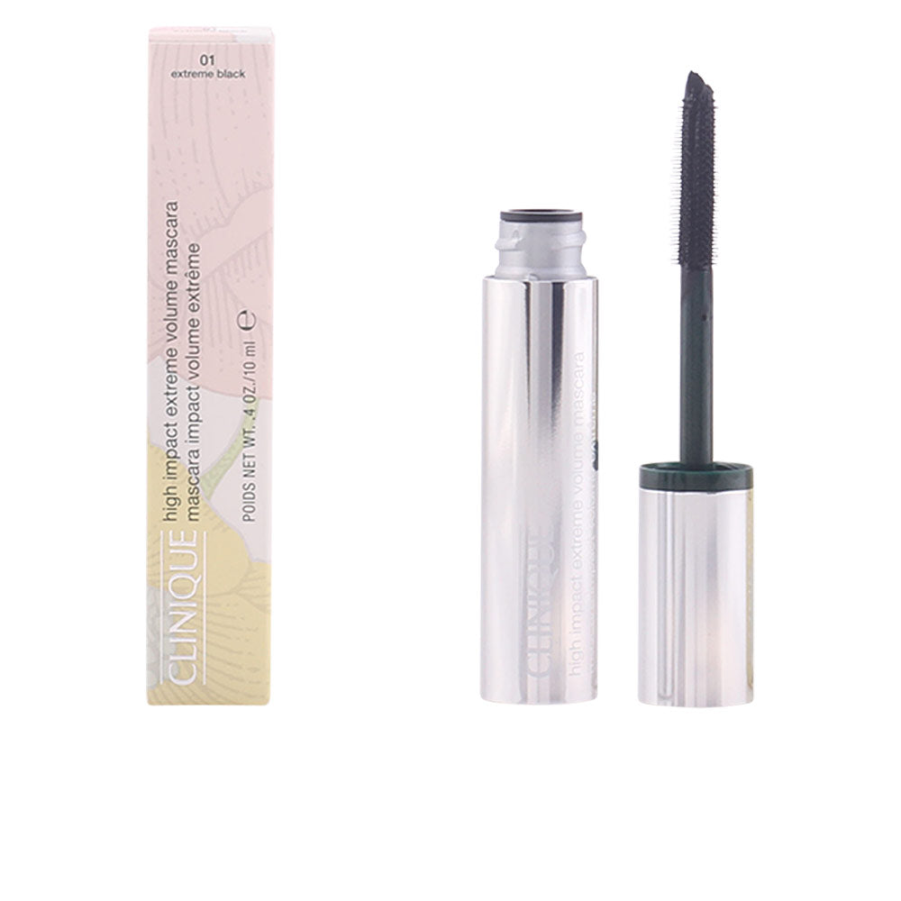Clinique silver and black cylindrical mascara tube with wand beside rectangular beige and pink box