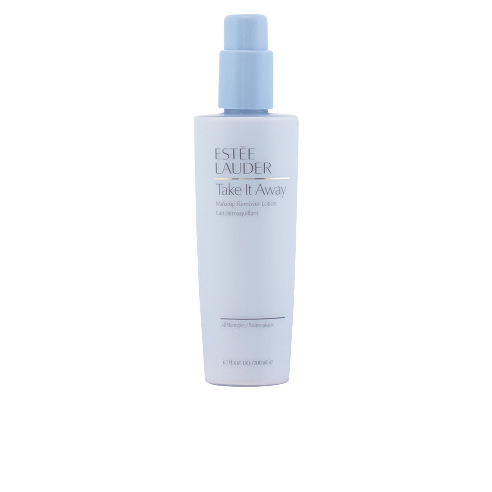 Estée Lauder Light blue plastic pump bottle makeup remover lotion, minimalist label and clean lines, brand