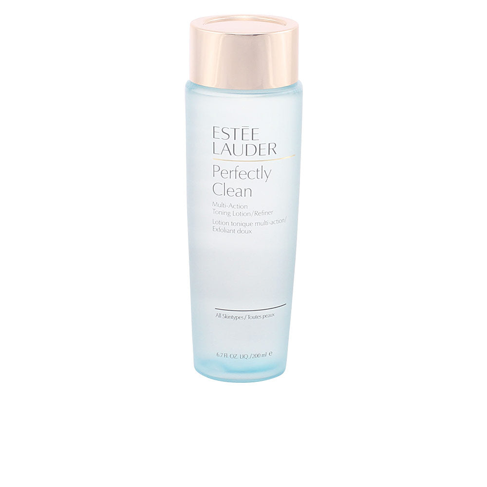 Light blue cylindrical plastic toning lotion bottle with frosted translucence and beige screw-on cap, Estée Lauder