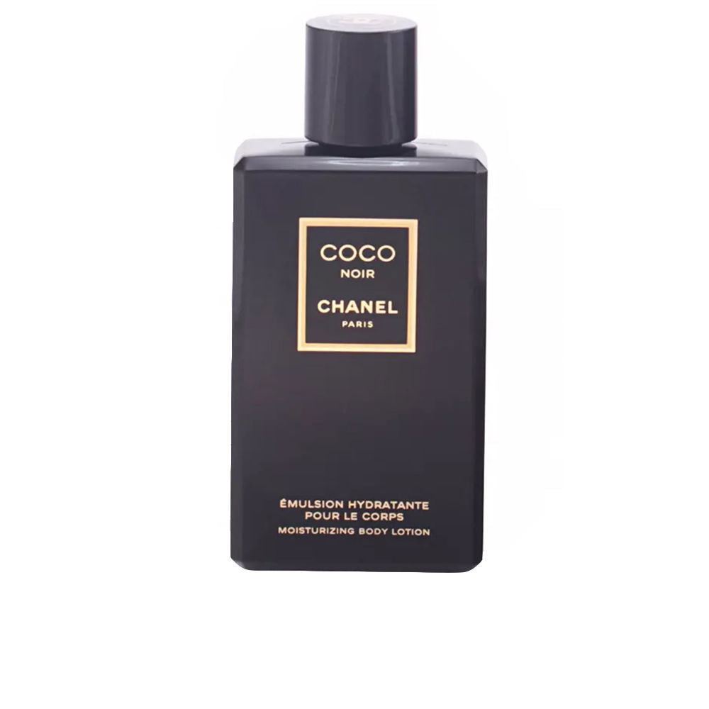 Chanel Matte black rectangular bottle with gold text and border, screw cap, minimalist moisturizing body lotion