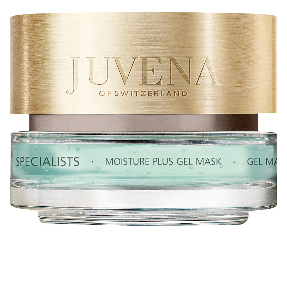 Juvena Transparent glass jar with light blue gel, gold metallic lid embossed with brand name, printed jar text.