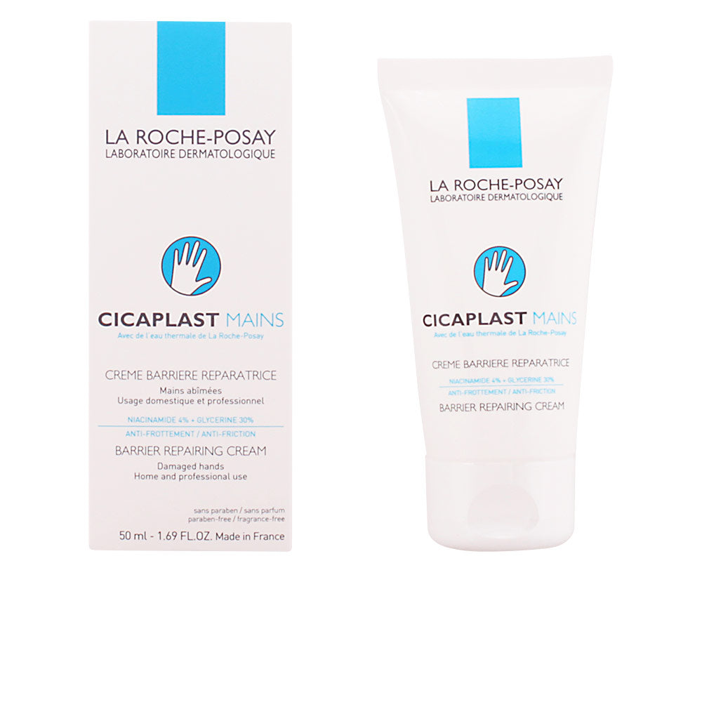 Minimalist white tube with blue accents and box, plastic packaging, hand icon, la Roche Posay